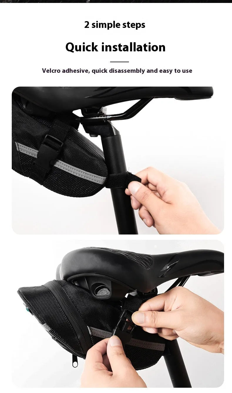 Black cycling tail bag with quick-release mounting for bicycle saddle