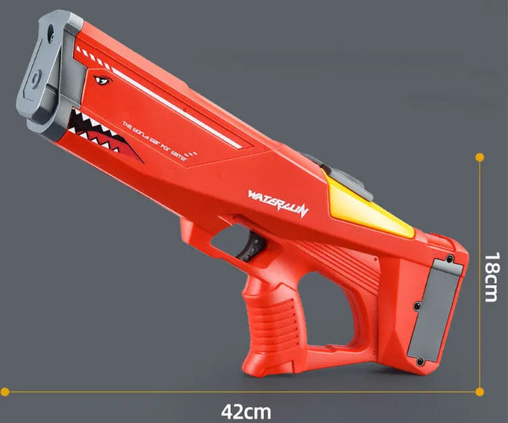 Red electric shark water gun 44cm long with 500ml tank, battery, screwdriver, and USB cable for kids water fights