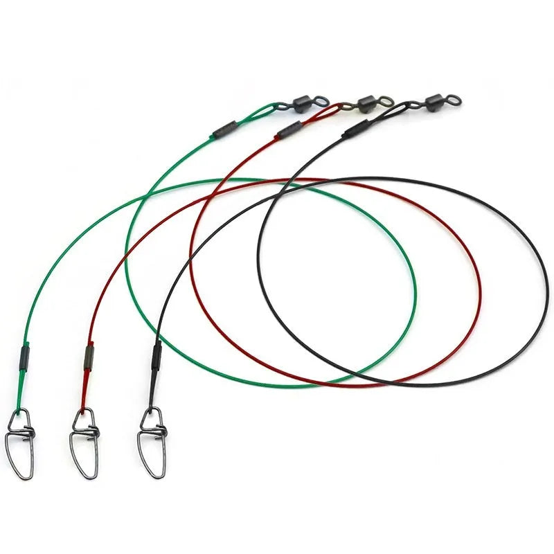 Ten green steel wire double buckle fishing pins laid out, each measuring 54 cm in length.