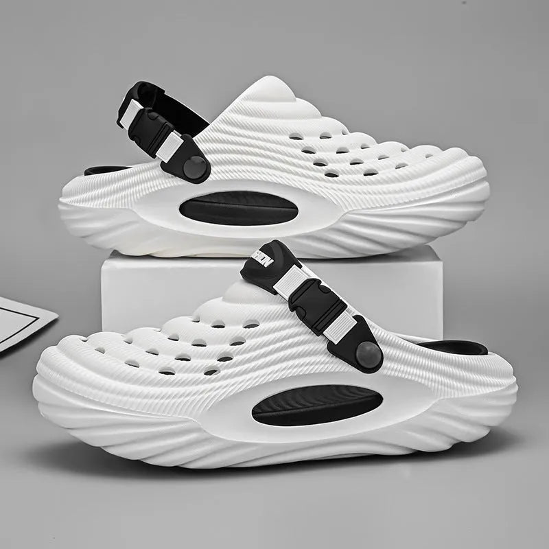 Men's solid colour EVA platform slippers with hollow-out design in light green.