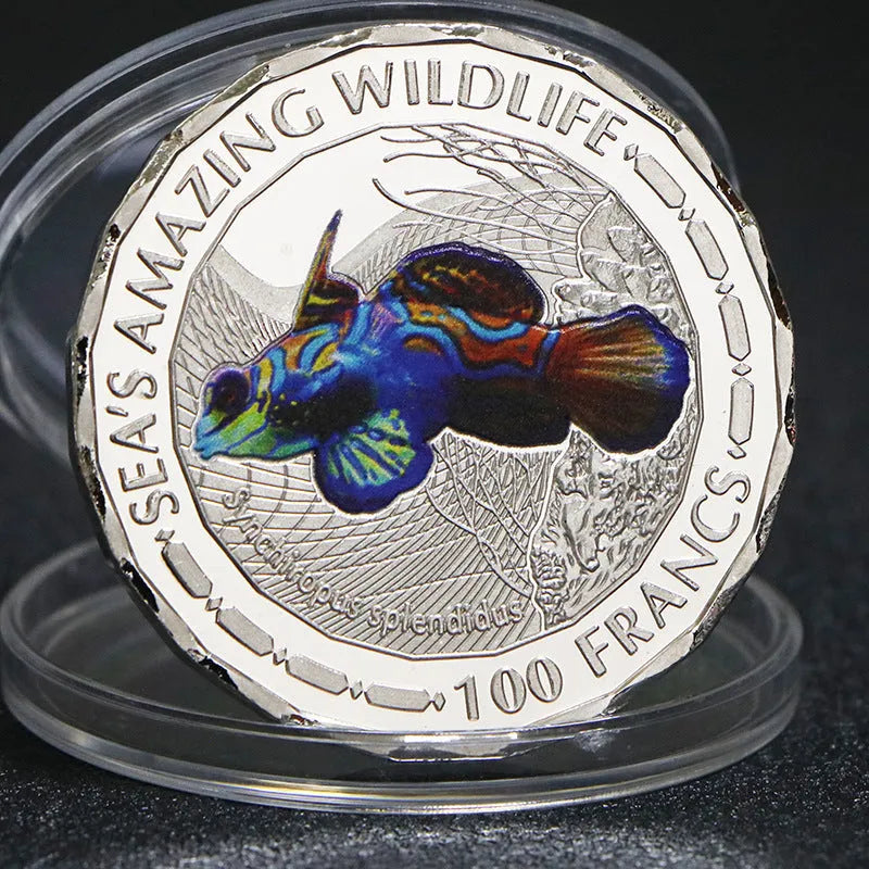 Africa Tropical Fish Commemorative Coin Set 8pcs Silver Plated Steel Core 40x3mm Acrylic Box