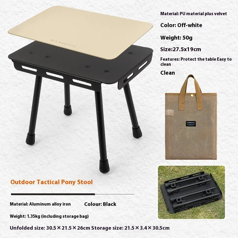 CLS aluminium dual-use camping stool shown in Army Green, folded and with storage bag.