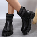 Women's mid-tube Martin boots with side zipper, elastic knitted patchwork, and non-slip rubber sole in beige, black, or brown.