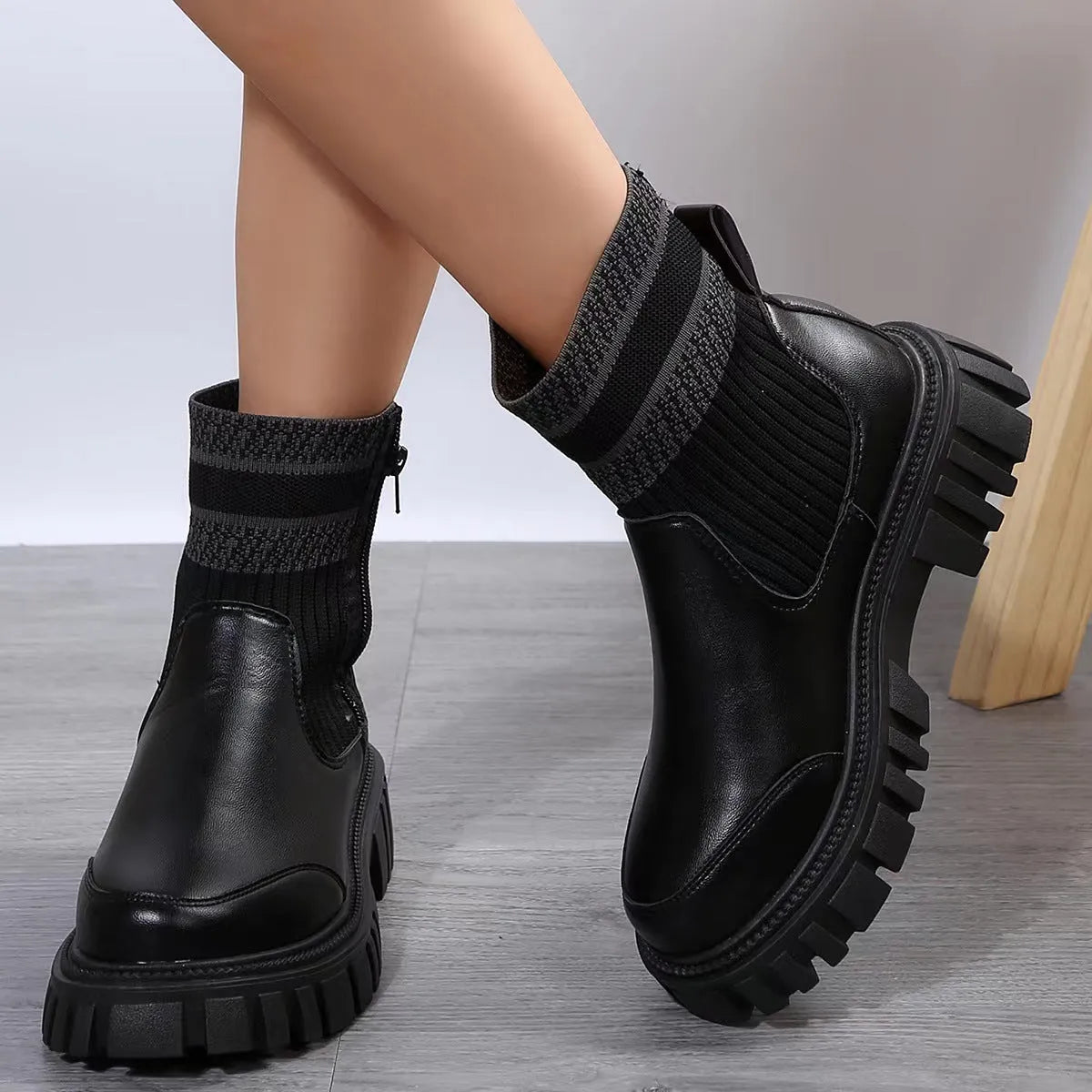 Women's mid-tube Martin boots with side zipper, elastic knitted patchwork, and non-slip rubber sole in beige, black, or brown.