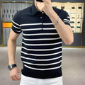 Men's black and white striped lapel V-neck long sleeve knitted T-shirt on a hanger.