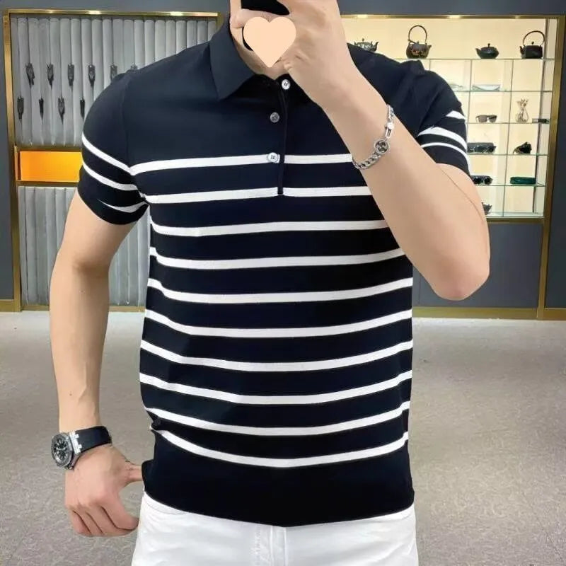 Men's black and white striped lapel V-neck long sleeve knitted T-shirt on a hanger.