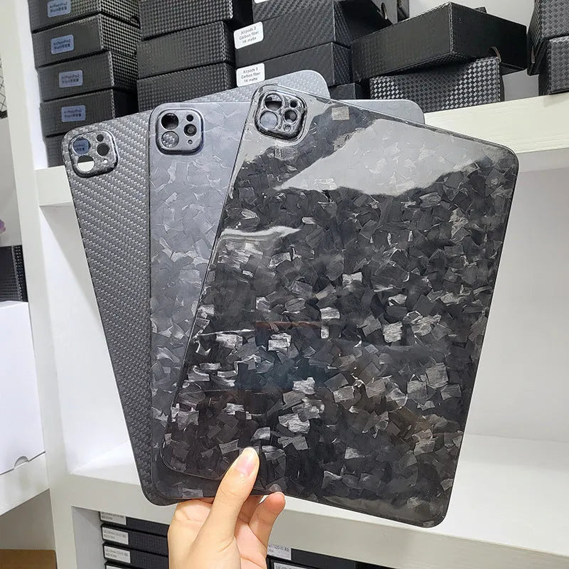 Carbon fibre hard protective case for iPad Pro 11 showing plaid weave pattern in a choice of three finishes.