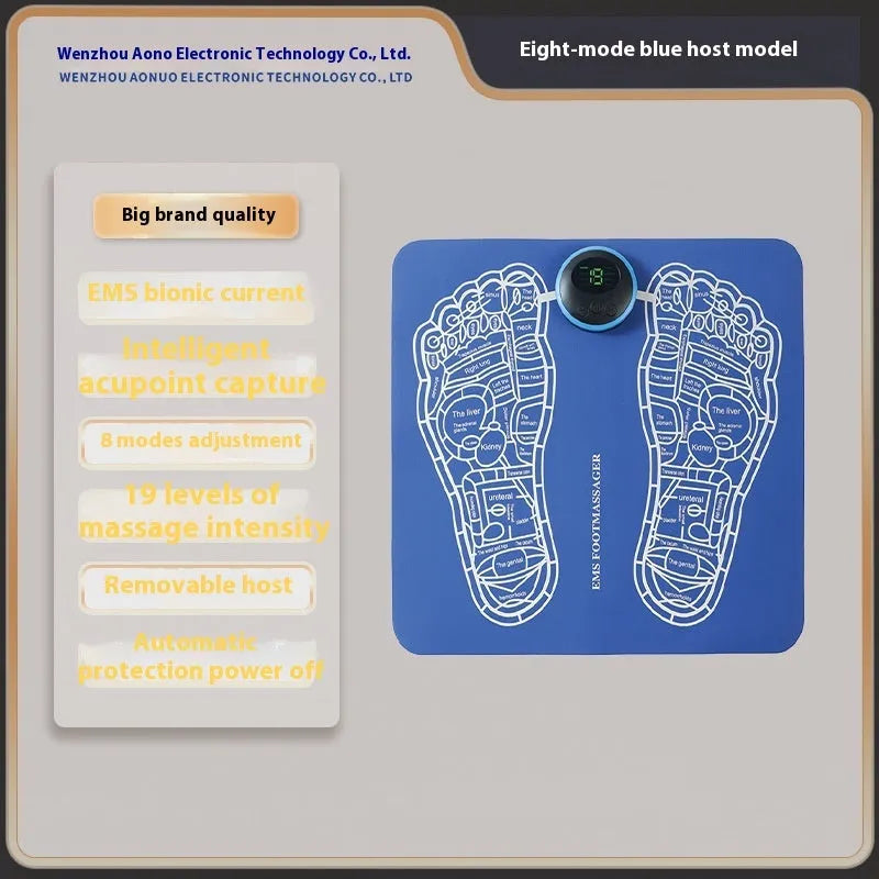 Blue and orange reflexology foot massager mat with USB charging cable and remote control