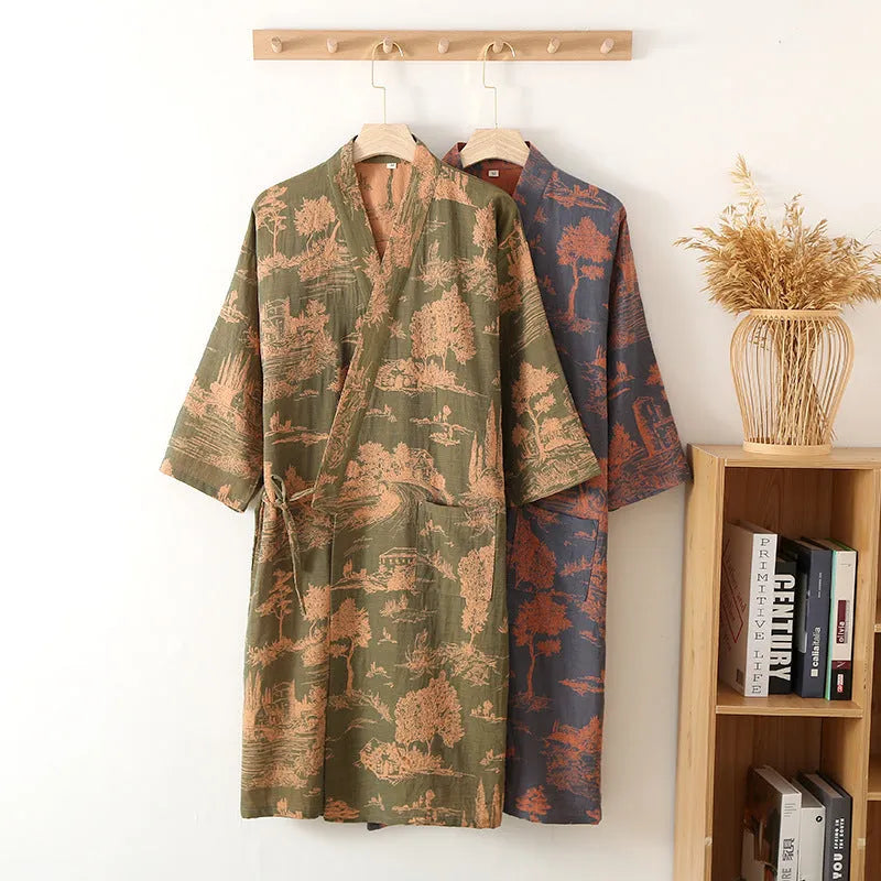 Men's cotton gauze kimono long dress bathrobe in dark blue, 95% cotton, with loose fit