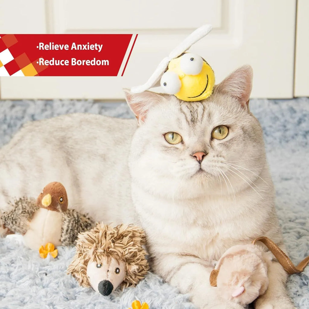 Yellow bee-shaped electronic cat toy with flannelette fabric and motion-activated squeaking