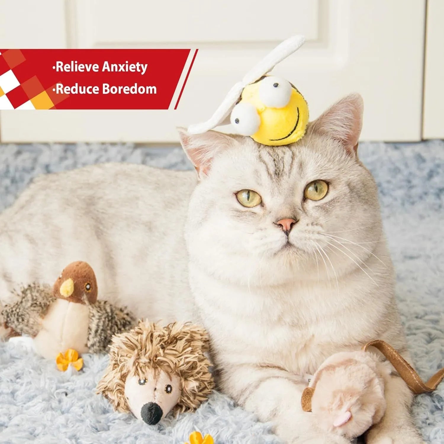 Yellow bee-shaped electronic cat toy with flannelette fabric and motion-activated squeaking