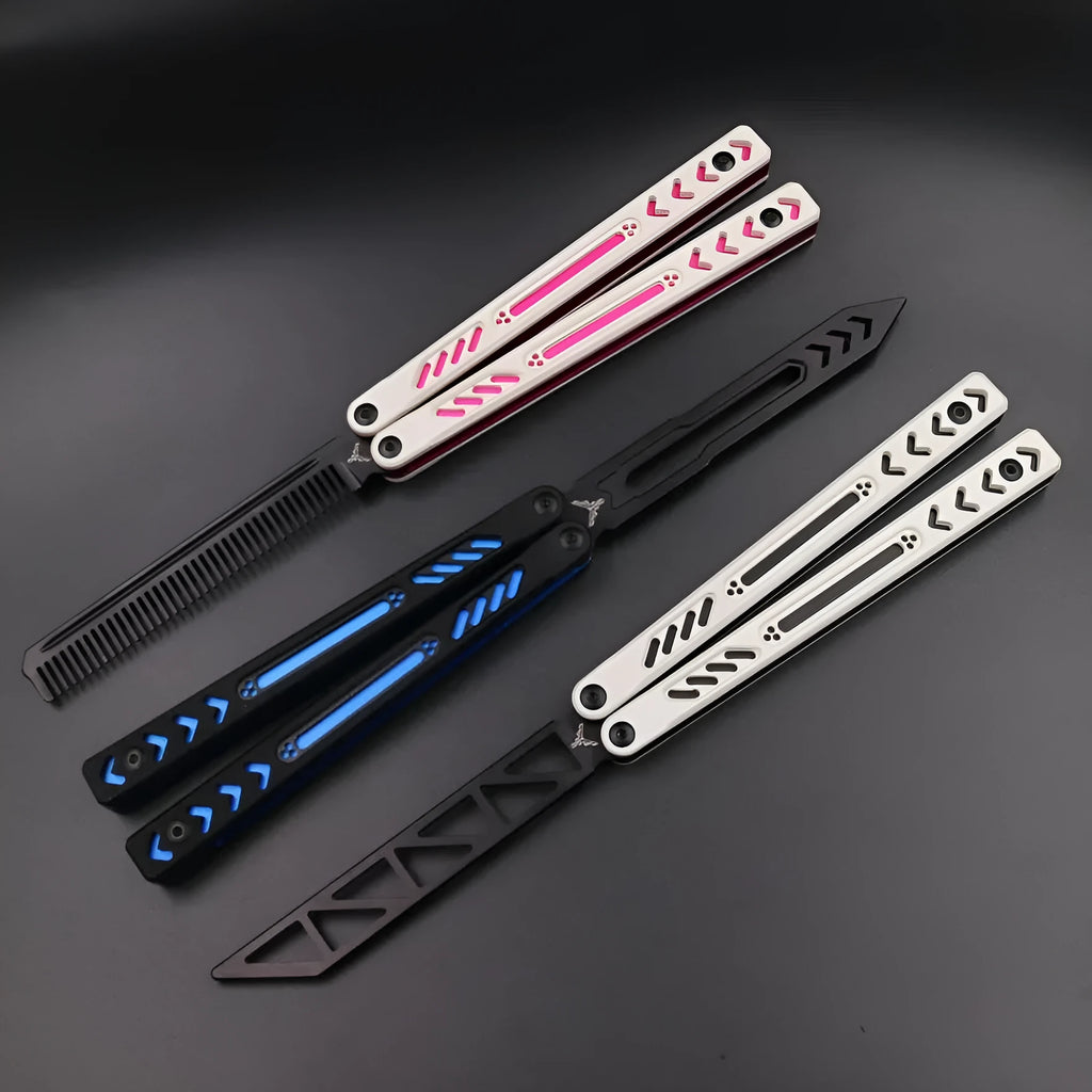 Unbladed aluminium handle butterfly knife trainer with G10 grip patches, shown in expanded 25.5cm position.