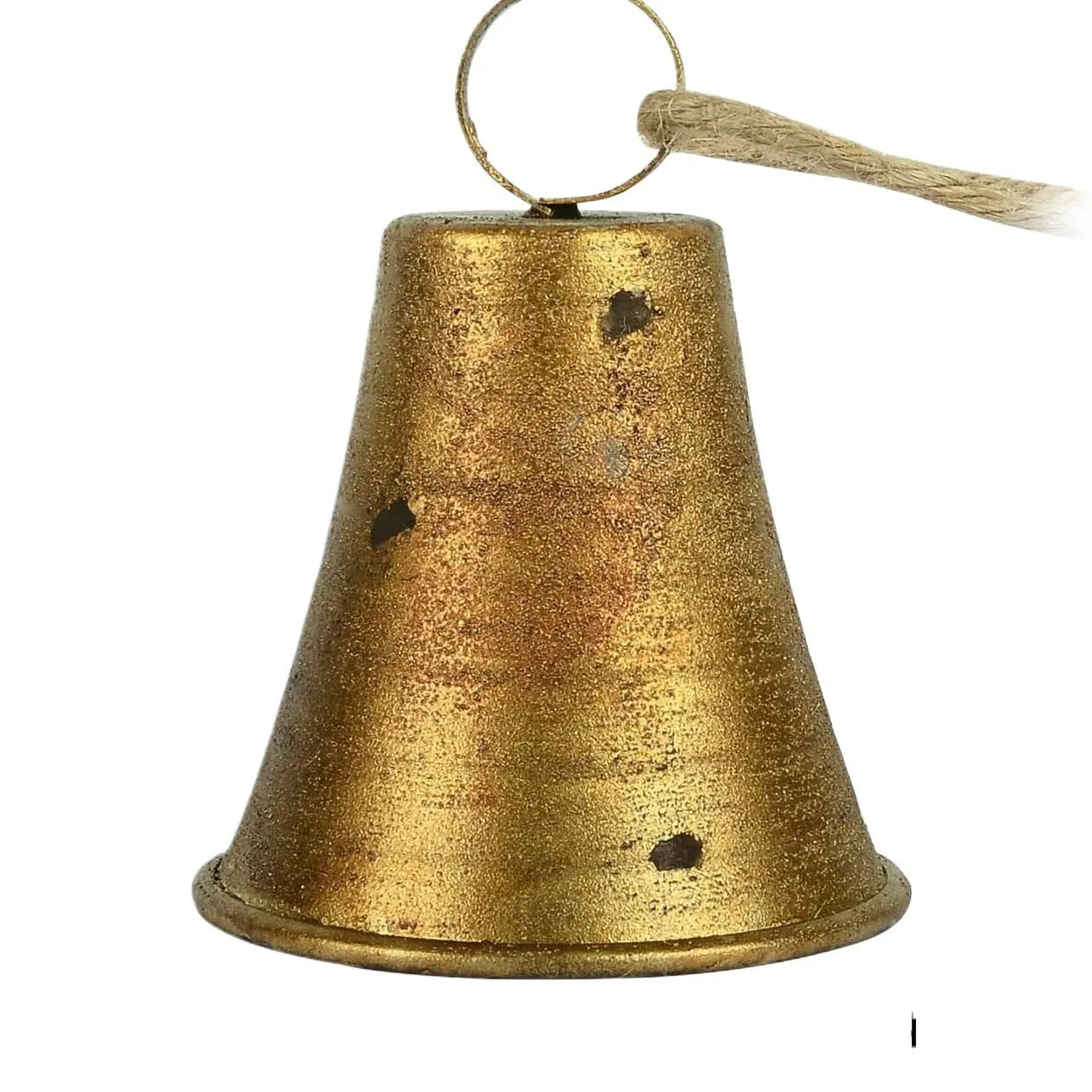 Four handmade metal bells in retro country style, each 11.5x8.5 cm, on a wooden surface