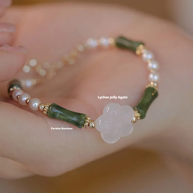 Chinese style olivine bamboo joint bracelet with Hetian jade beads and copper shell pearls