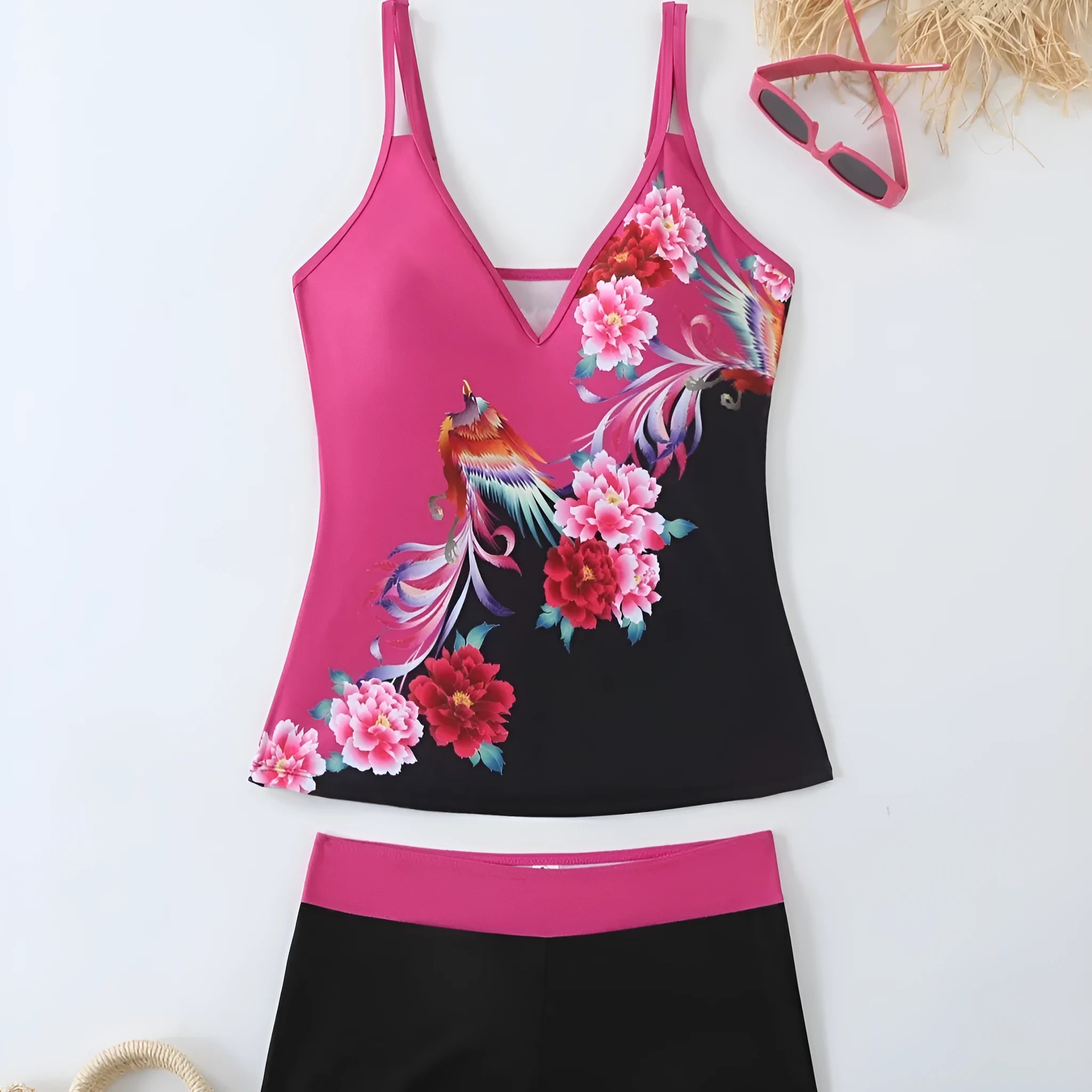 Plus size women's printed swimsuit briefs in black or rose red with cotton lining