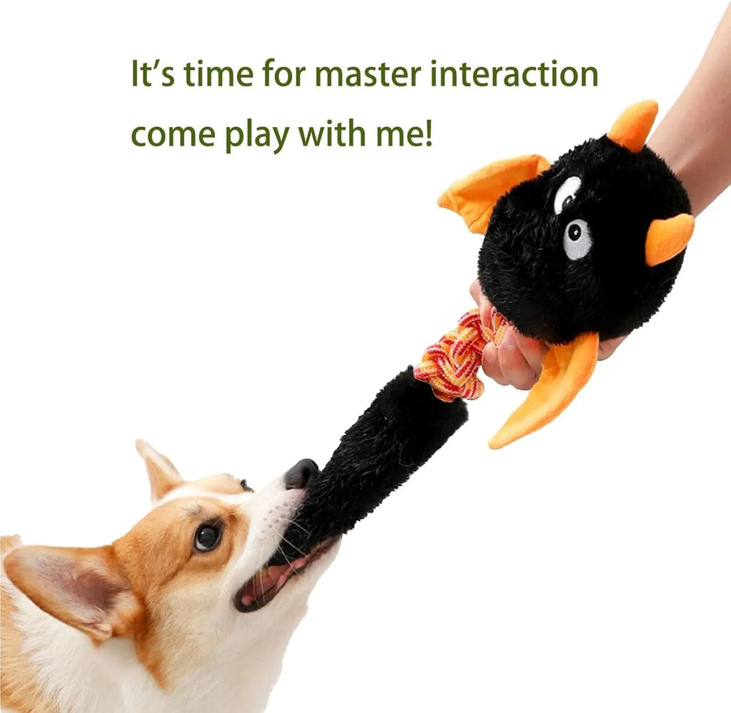 Large black plush dog toy with a cartoon shape, featuring a rope knot and measuring 44cm.
