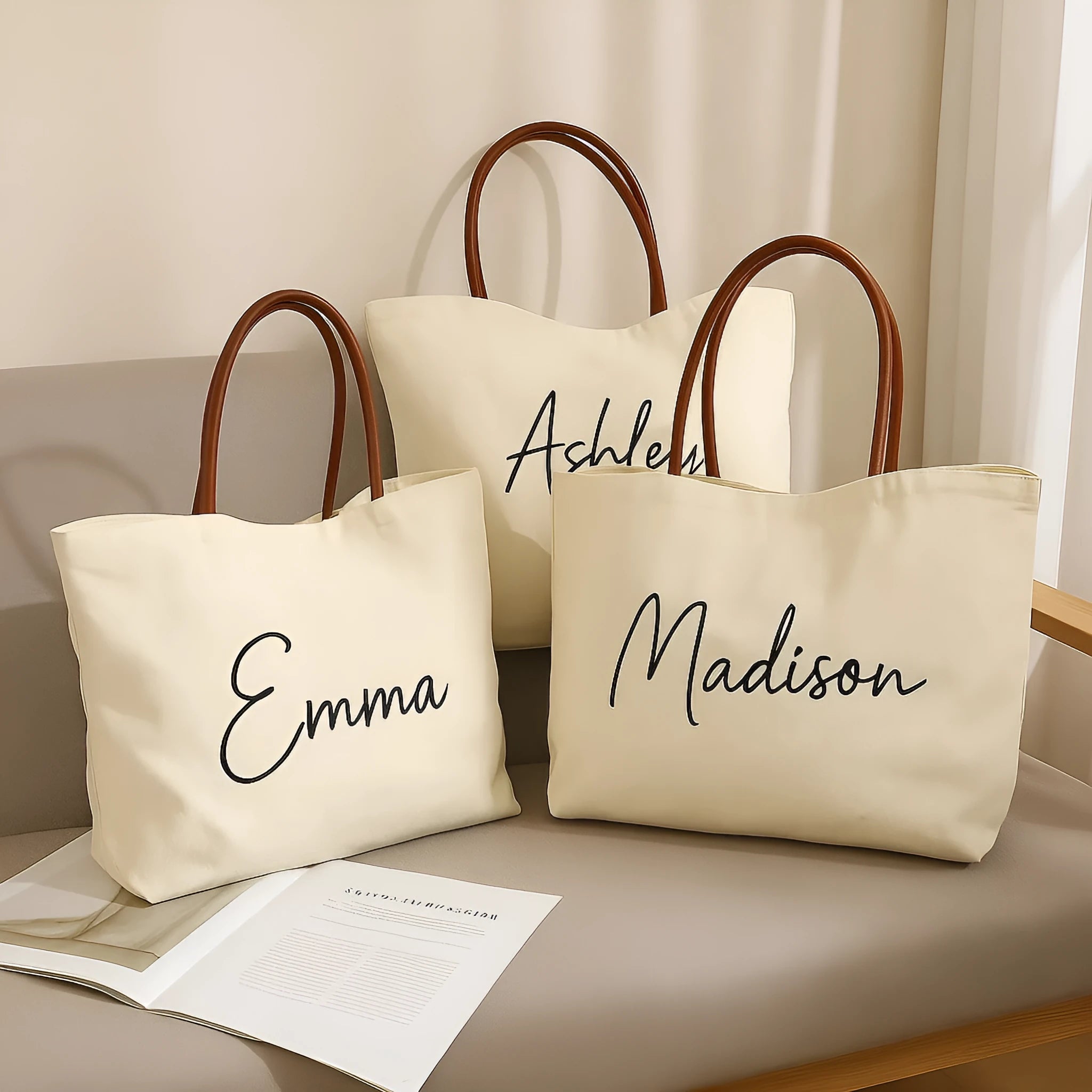 Beige white canvas tote bag with detachable crossbody strap, side bottle pockets, and a front zipped compartment.