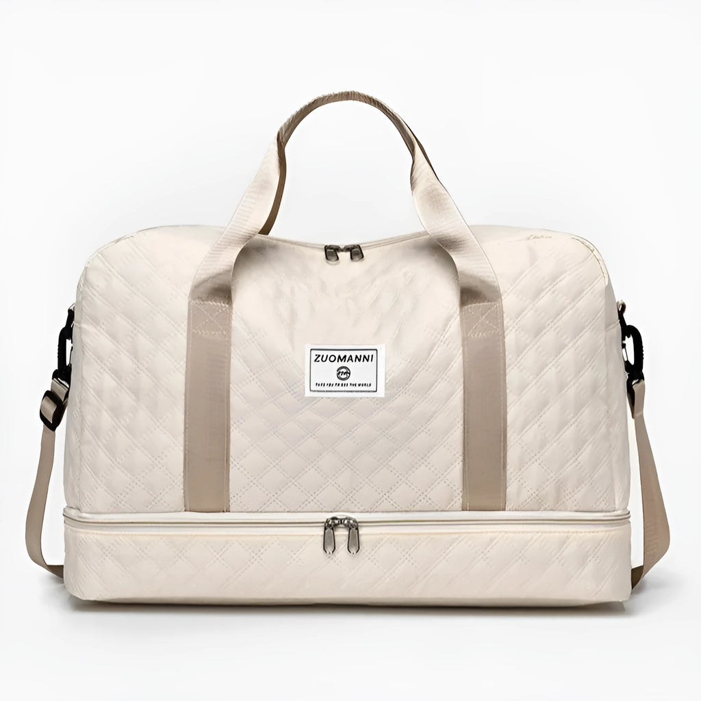 Large Oxford cloth travel bag in a solid colour with sewing thread details.