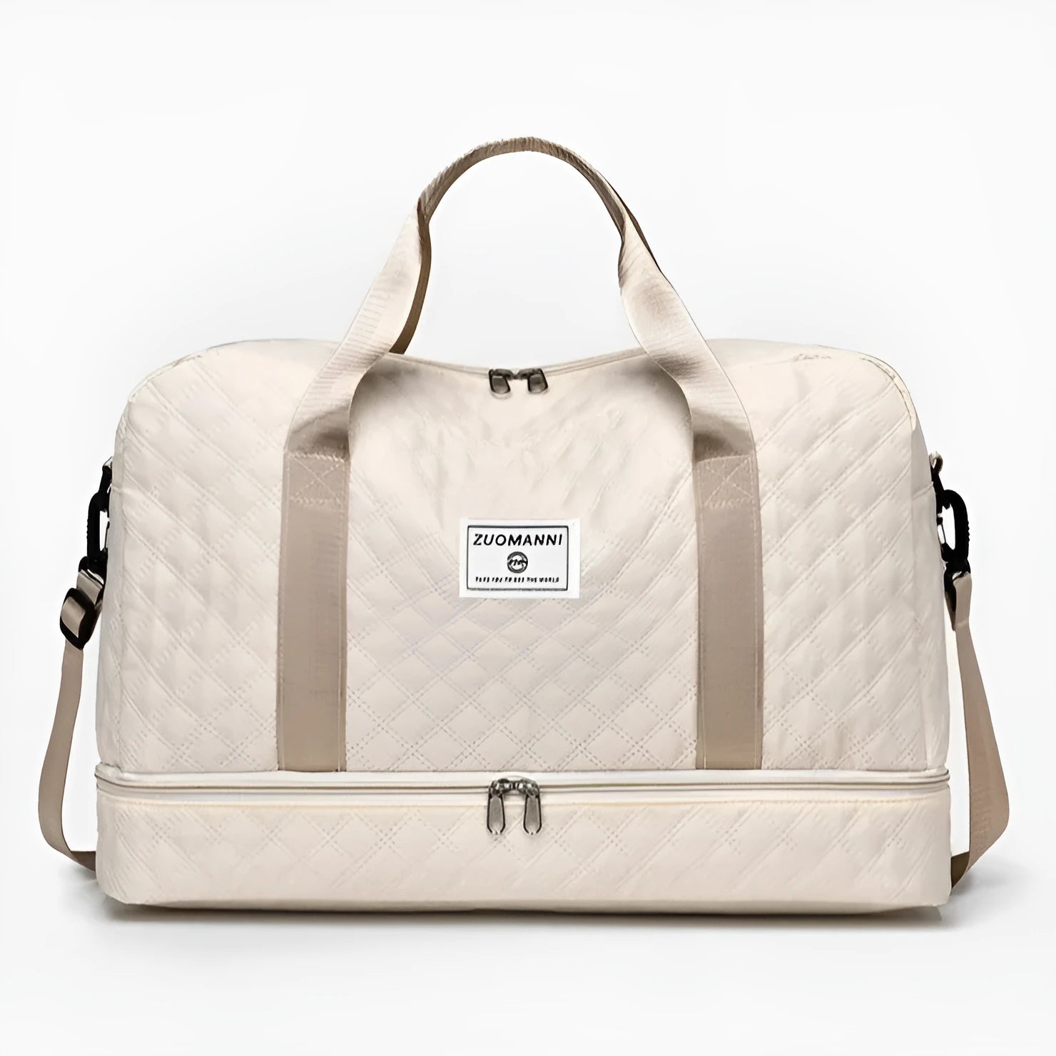 Large Oxford cloth travel bag in a solid colour with sewing thread details.