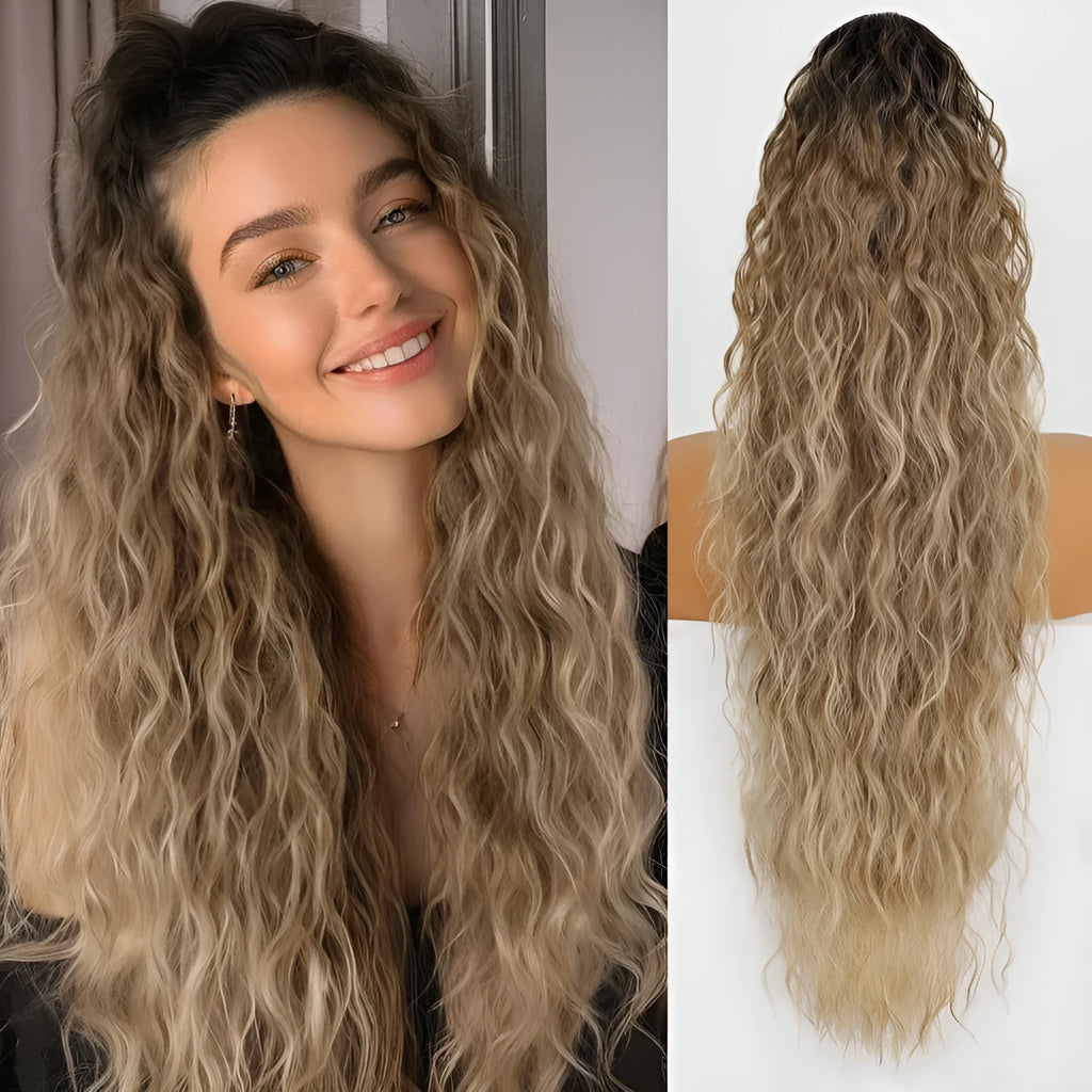 Long, fluffy curly synthetic ponytail wig in a high temperature fibre, shown in a 30-inch length.