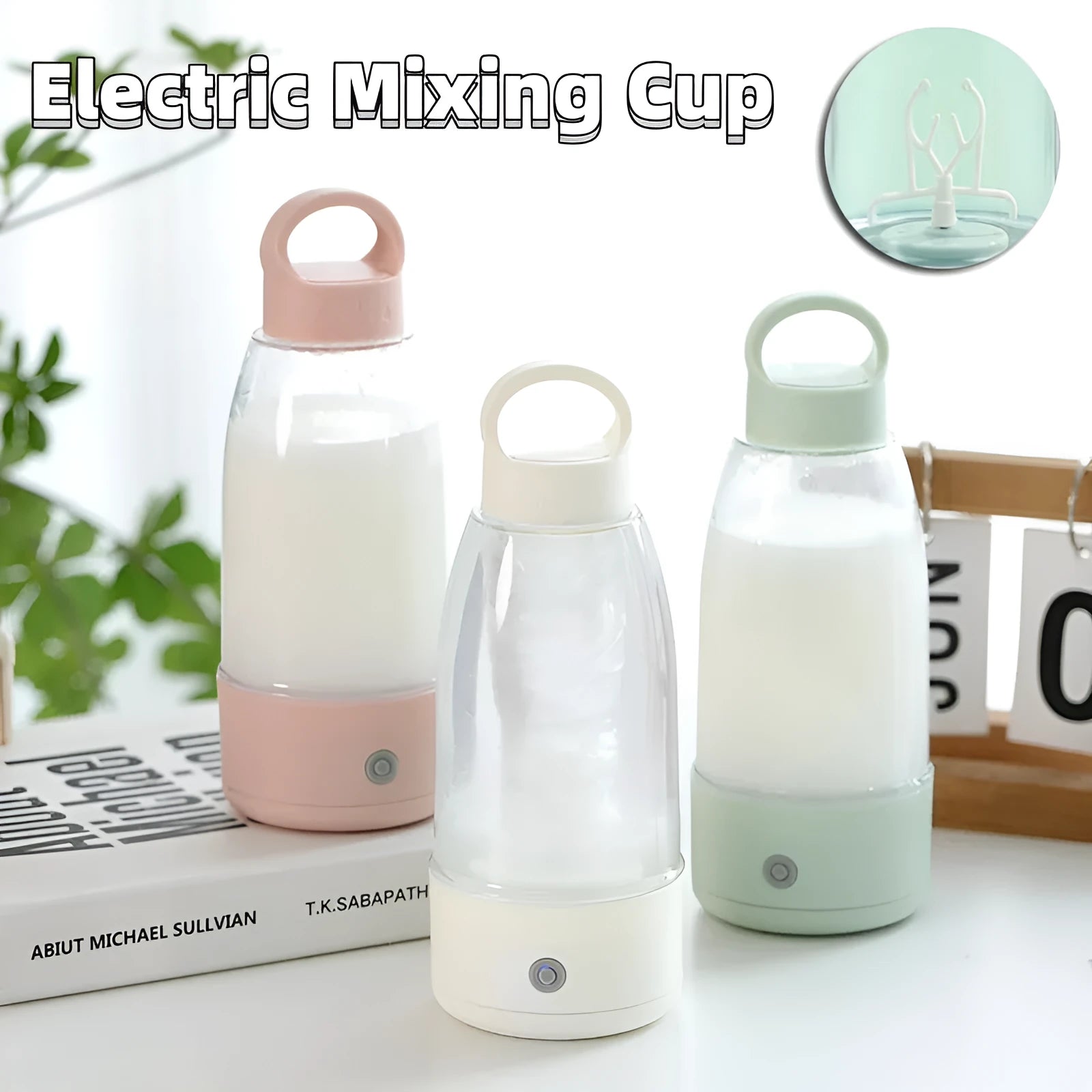 Automatic electric shaker bottle with USB charging port and handle in green, pink or white.