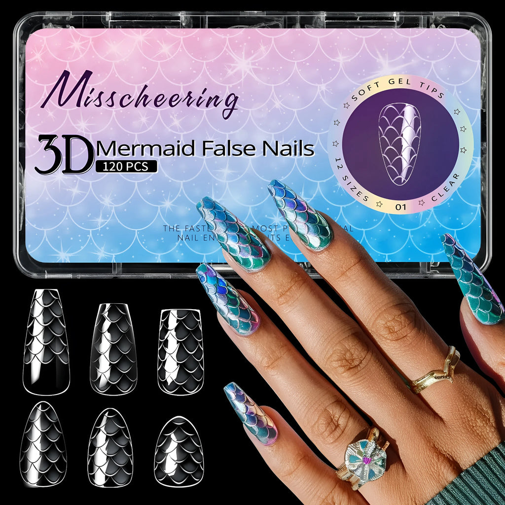 3D scale long shaping nail tips for gel and acrylic nail extensions in multiple colour options