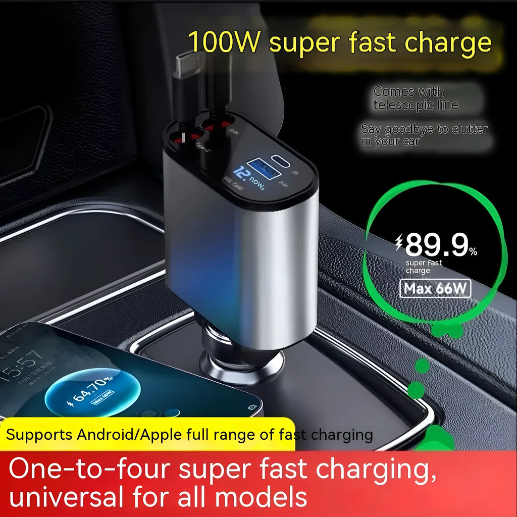 Automatic retractable 120W car charger with one-to-four USB ports and cigarette lighter plug.