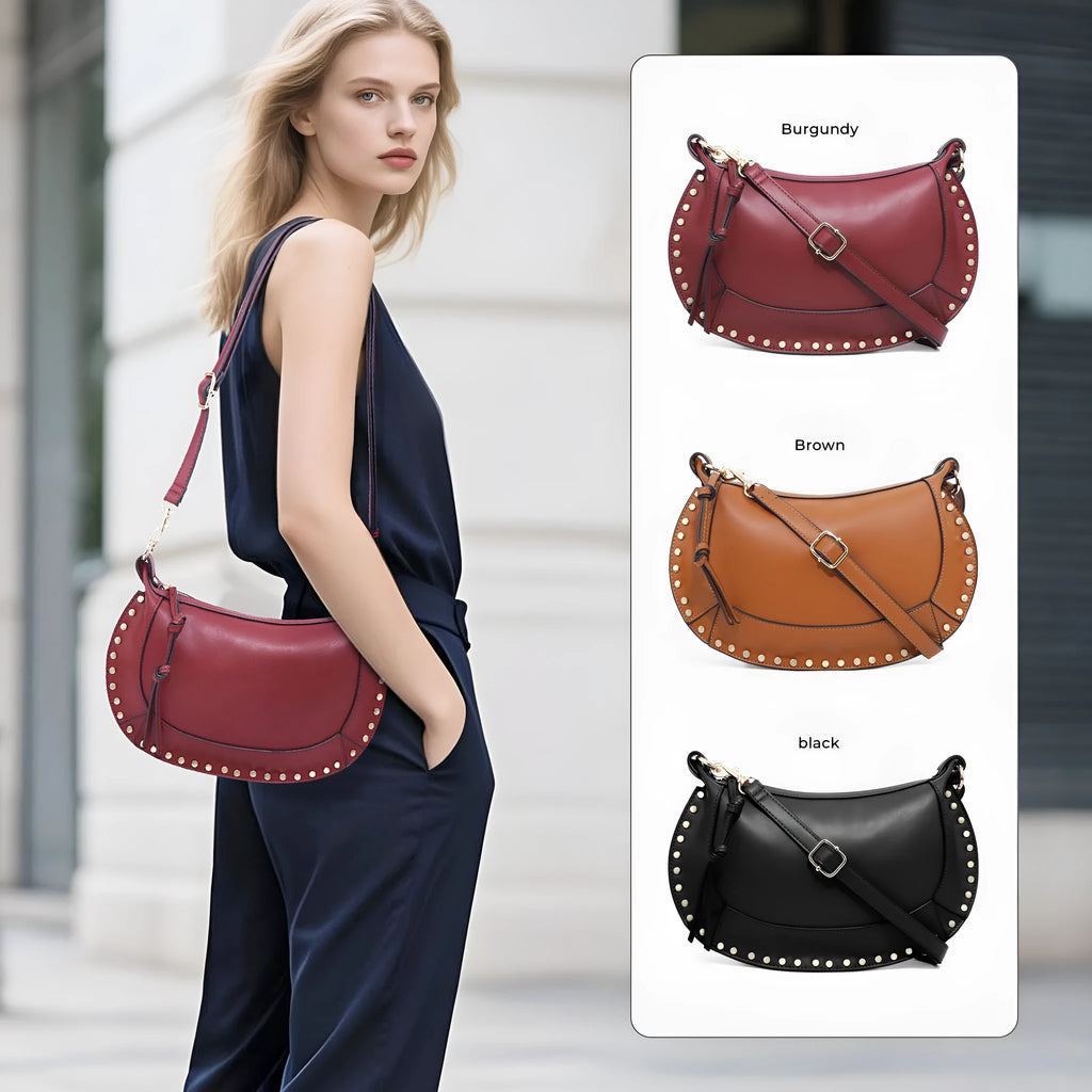 Crescent retro women's shoulder bag in soft PU solid colour with inner pocket, available in wine red black light brown