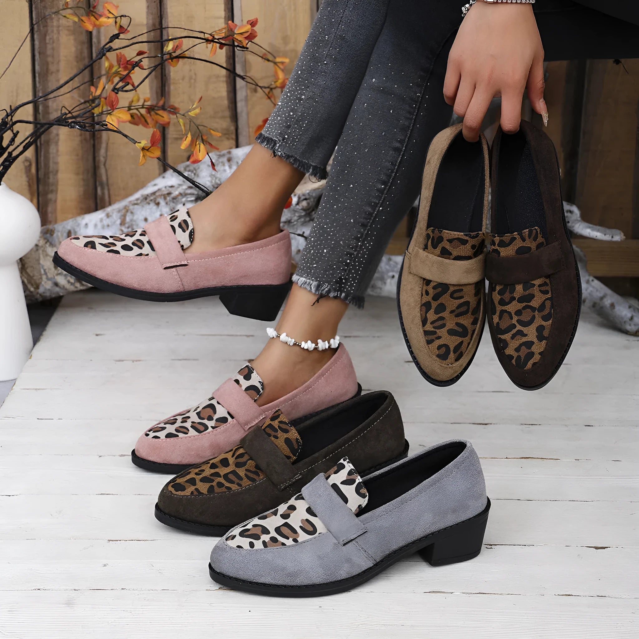 Leopard print suede slip-on shoes with pointed toe and chunky rubber sole in brown