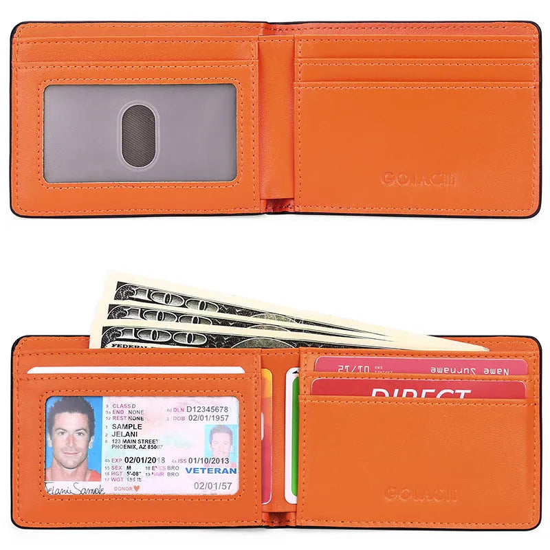 Carbon fibre leather men's wallet with anti-theft swiping, black with orange stitching detail, shown on surface