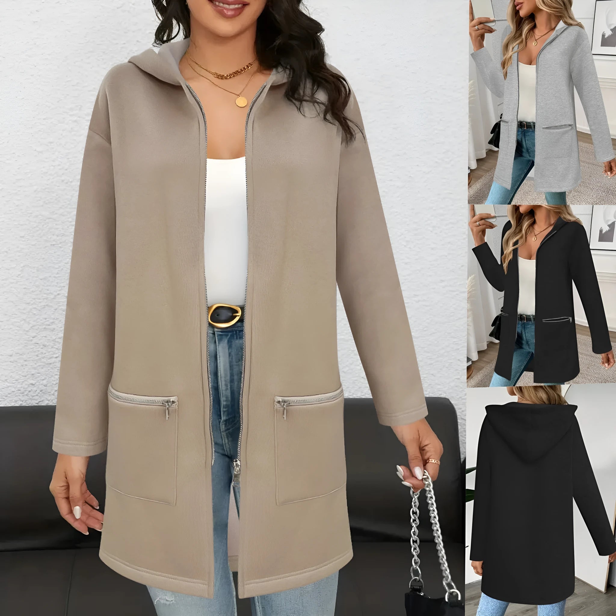 Grey loose-fit women's mid-length cardigan coat with pockets on a hanger.