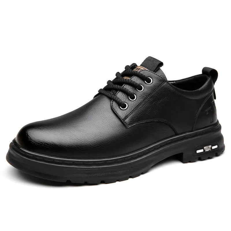 Men's black retro casual shoes with round toe, flat square heel, and decorative stitching on the PU upper.