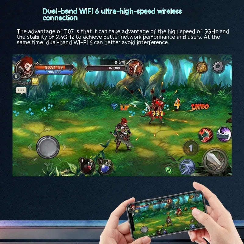 White Full HD smart Android projector with remote control on a table.