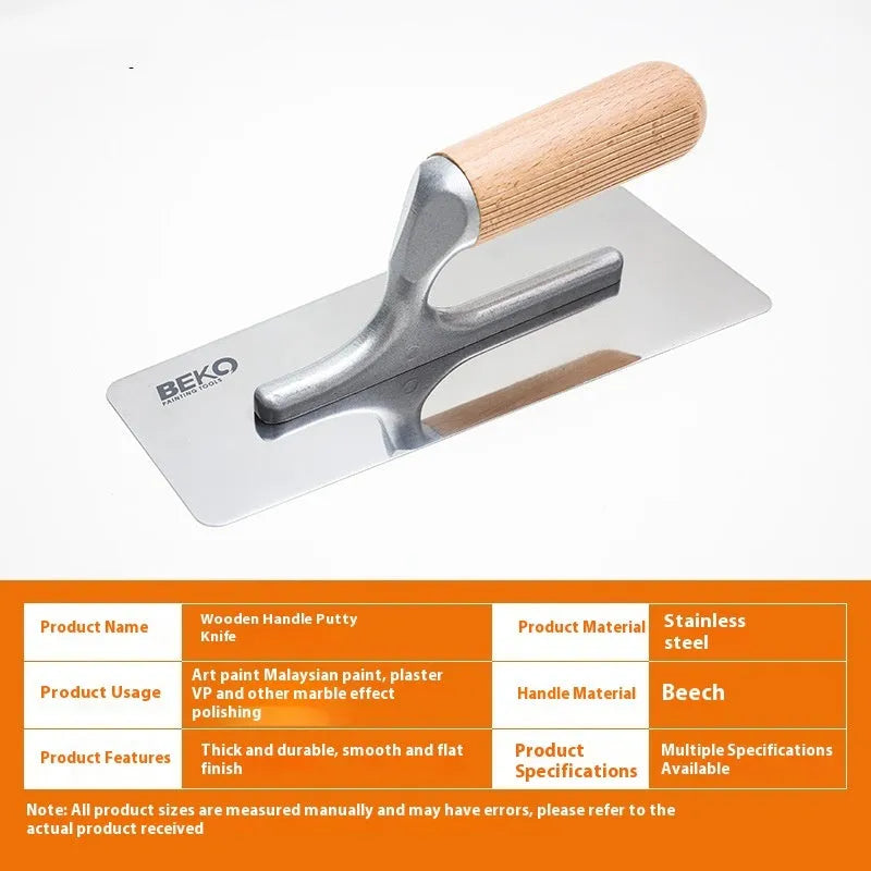 Stainless steel putty scraper with wooden handle shown in three different blade sizes for cement and tile work.