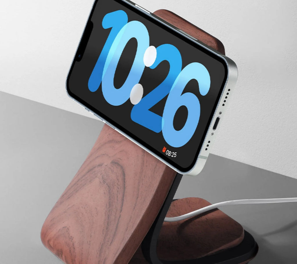 Magsafe magnetic resin phone holder on desktop with mobile phone attached