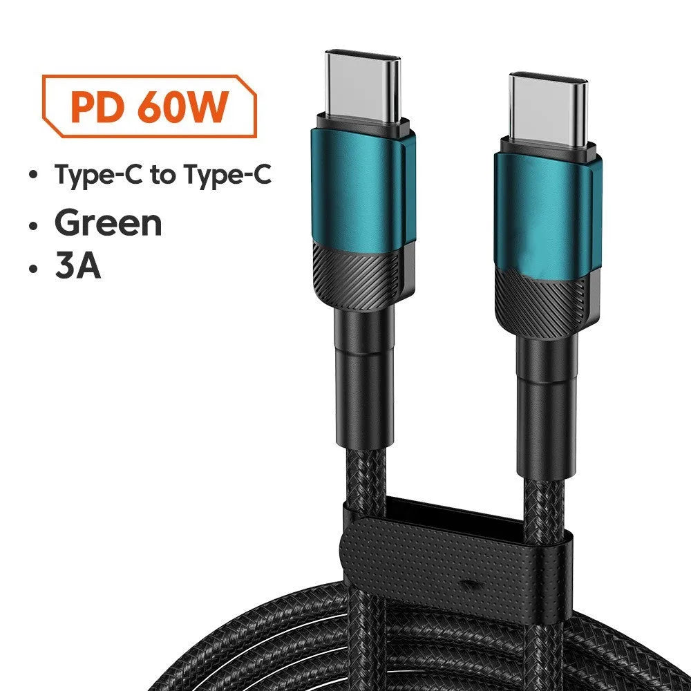 Aluminium alloy USB C fast charge cable with woven braiding in blue colour showing connector detail
