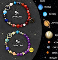 Pair of natural stone beaded bracelets on an adjustable cord, showing zodiac symbol charms.