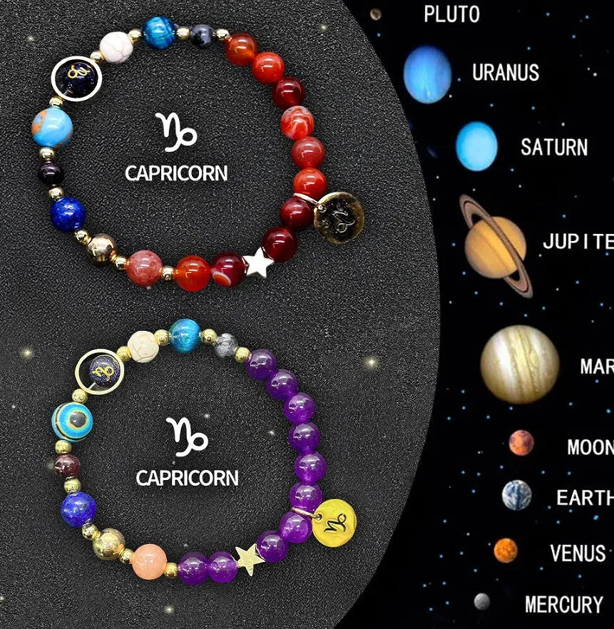 Pair of natural stone beaded bracelets on an adjustable cord, showing zodiac symbol charms.