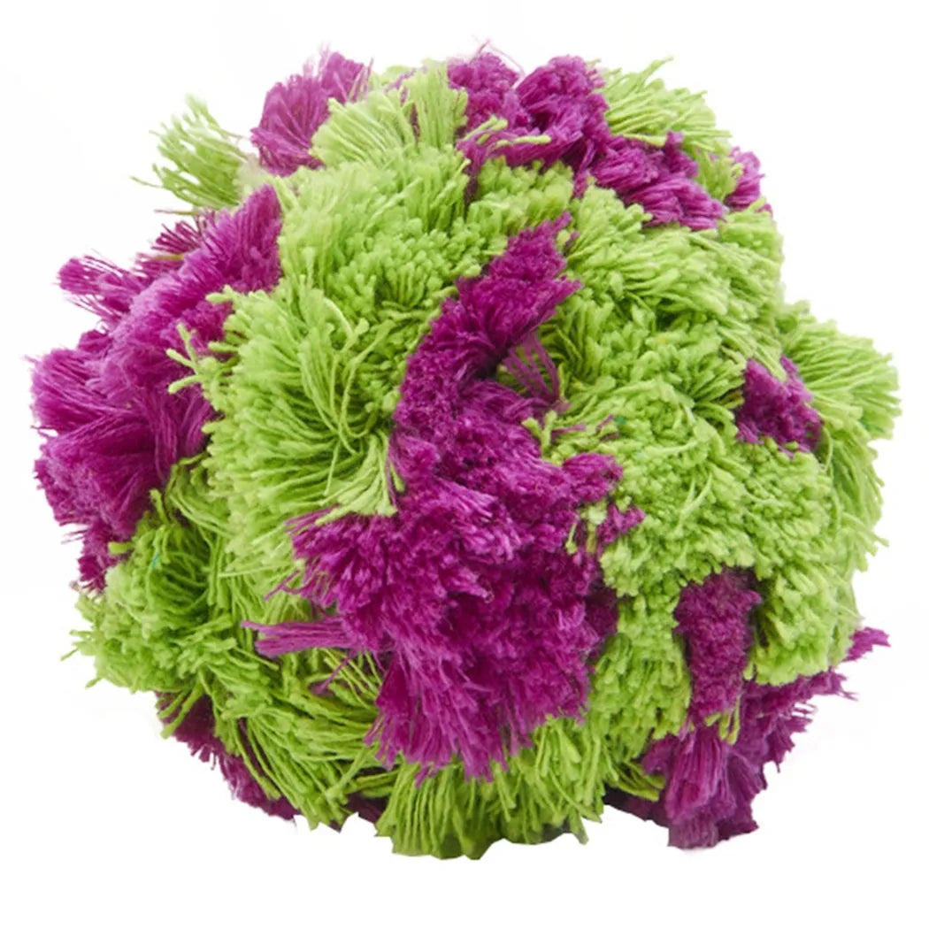 Purple plush dog toy ball with textured sea urchin design measuring 15cm diameter