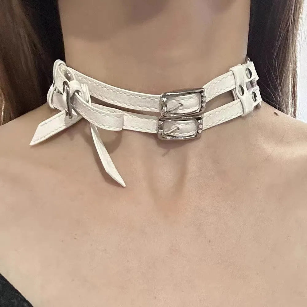 Women's cool white bow leather necklace with electroplated alloy pendant on leather cord