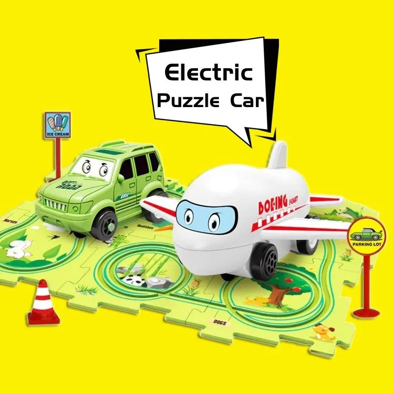 Children puzzle electric railroad speeder DIY assembly track set with automatic car and plastic pieces in multiple themes
