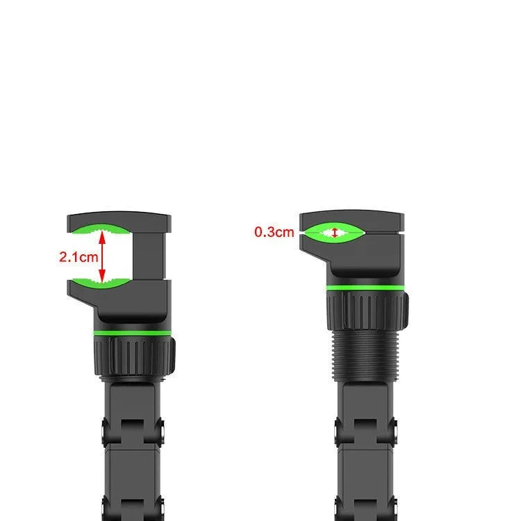 Universal car rearview mirror phone clip in black attached to a mirror, with a smartphone inserted for hands-free use