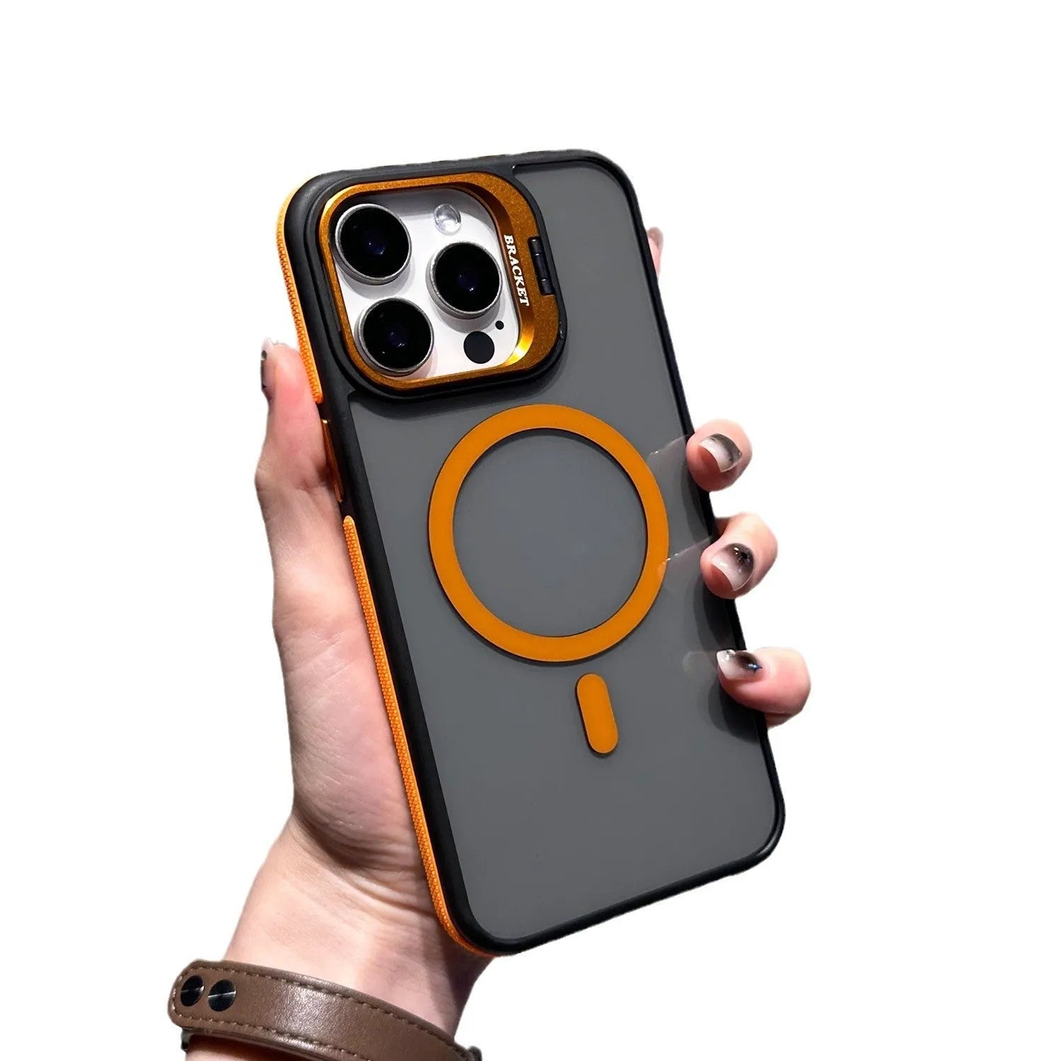 Invisible lens bracket magnetic phone case for iPhone in RW Black colour, showing TPU PC two-in-one design with integrated bracket