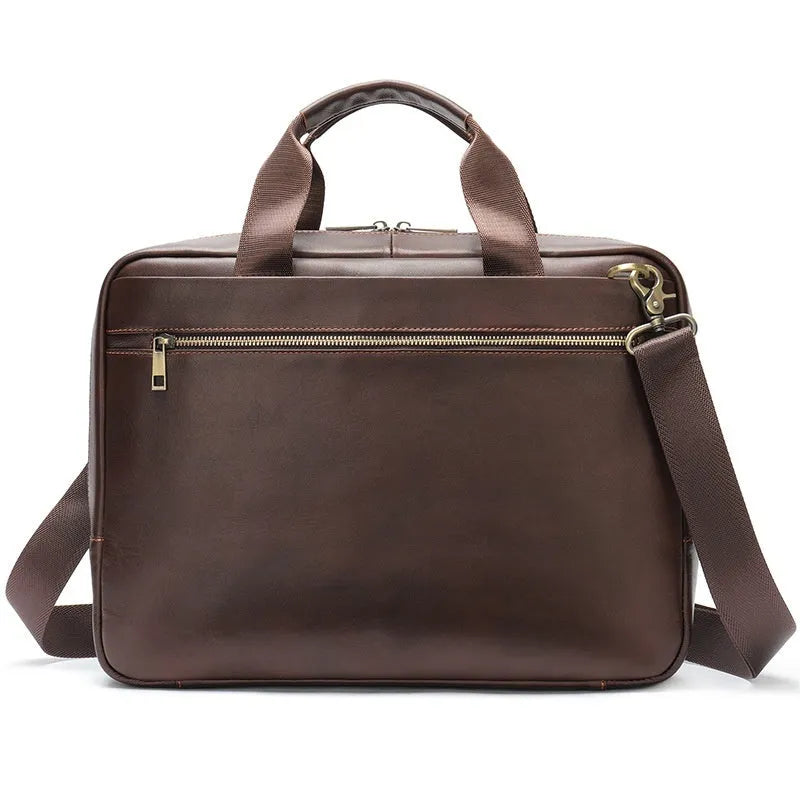 Genuine leather large capacity horizontal briefcase for men in black, first layer cowhide exterior with sewing line detailing