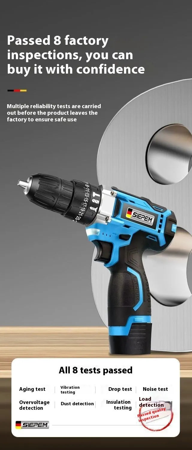 12V dual speed impact pistol drill electric screwdriver set in a plastic storage box.