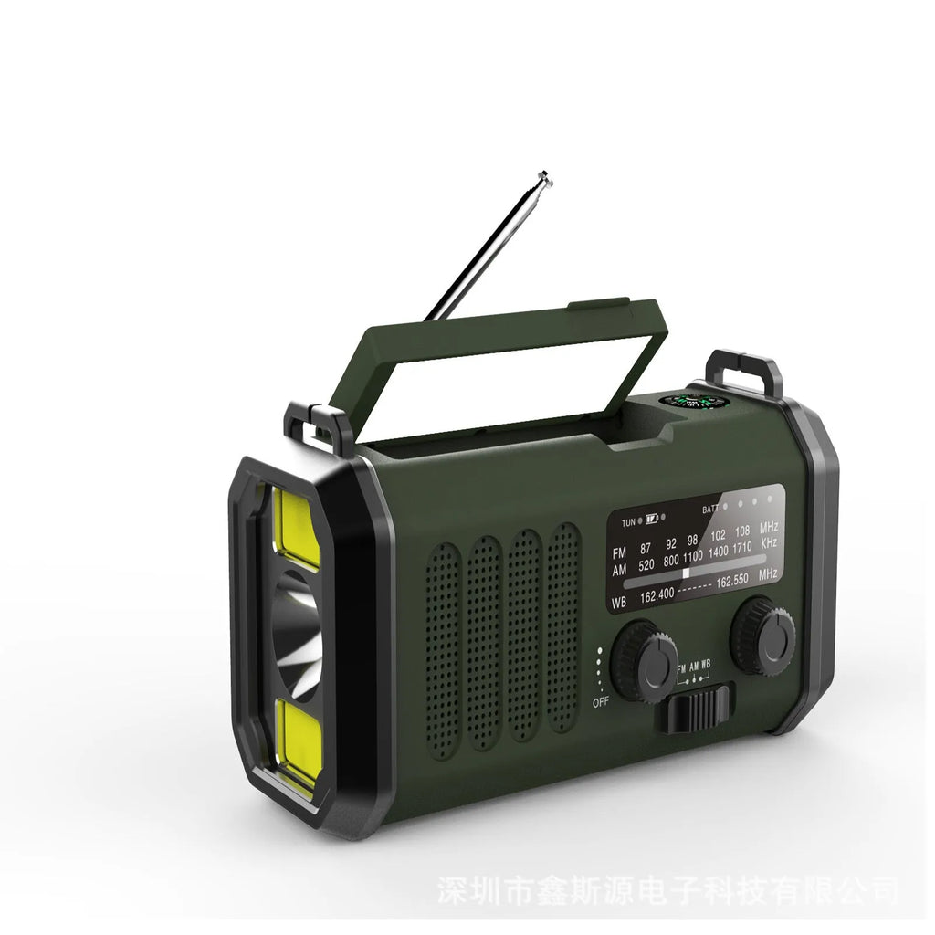Outdoor emergency solar charging flashlight radio with ABS housing, 16x6x8.5cm, in army green, showing front panel with screen and speaker