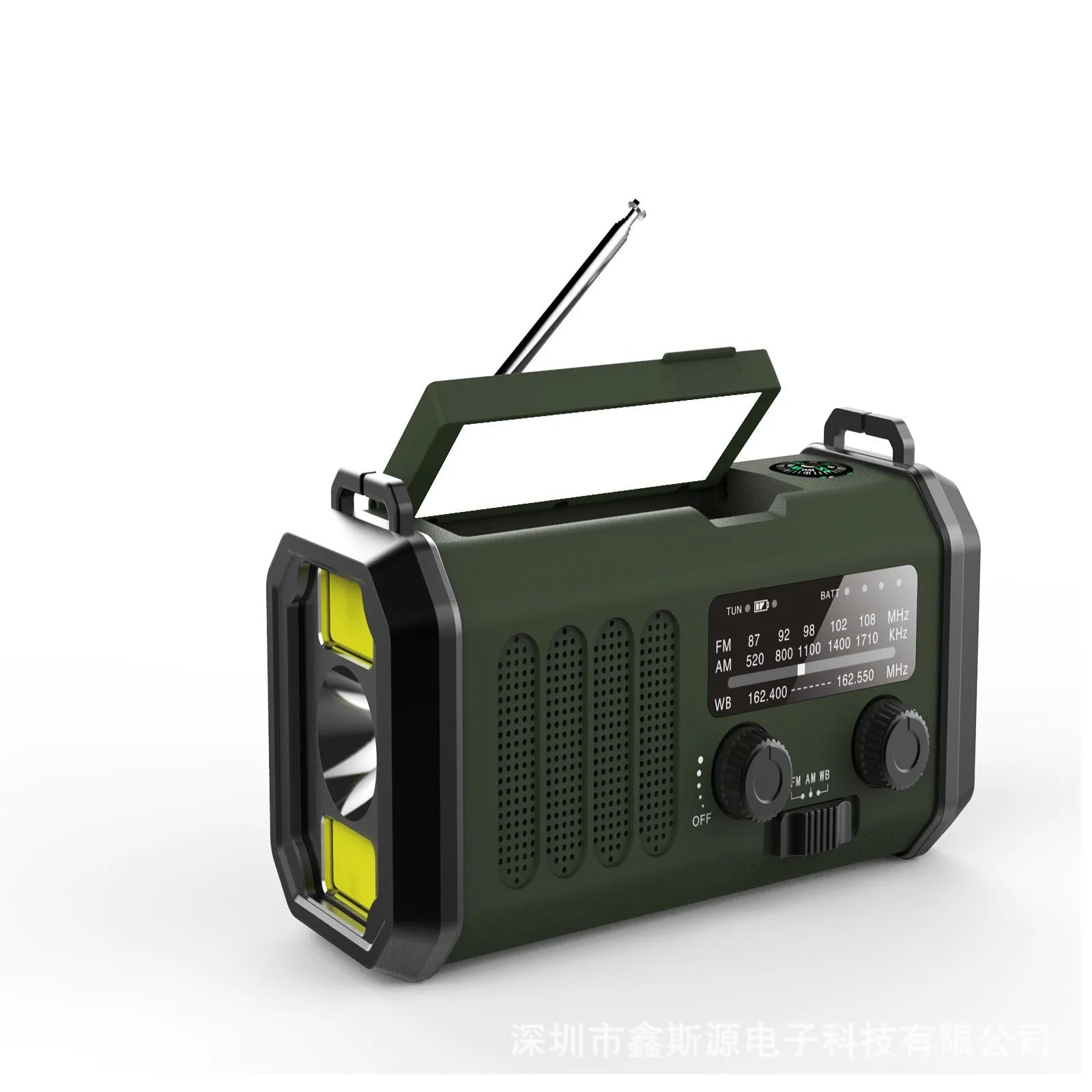 Outdoor emergency solar charging flashlight radio with ABS housing, 16x6x8.5cm, in army green, showing front panel with screen and speaker