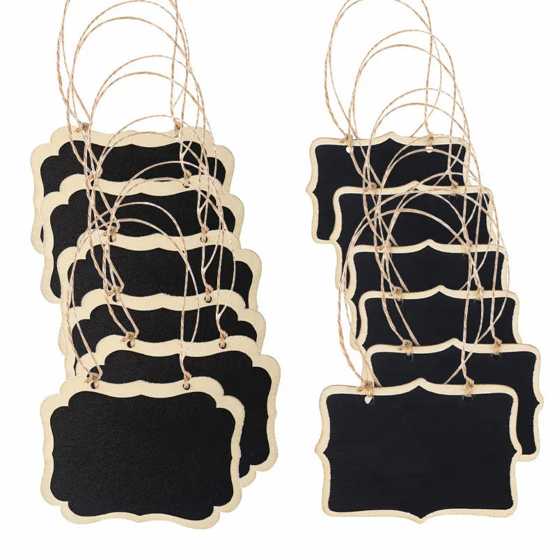 Set of 12 poplar wood double-sided blackboard mini pendants with lanyard, 8.5 by 6 cm, Lace and With Angle colours