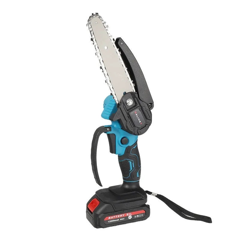 6-inch rechargeable lithium chainsaw with dual battery and plastic storage box against white background