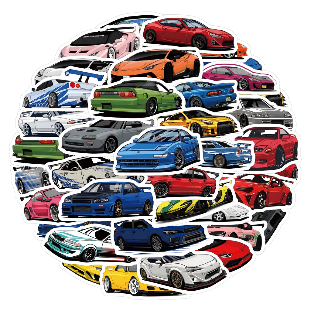 Pack of 60 sports car themed graffiti design vinyl stickers for personalisation.